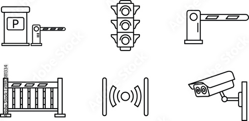 Parking and Security Control Icon Set Featuring Barrier Gates, CCTV Camera, Traffic Light, and Access Control Systems for Smart City Design