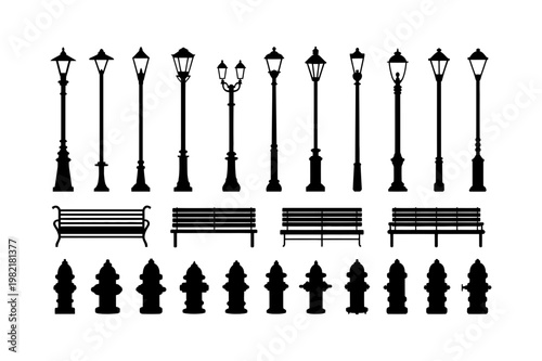 Street lamp bench hydrant set city elements silhouette