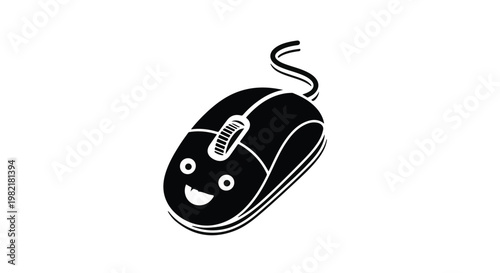 Computer mouse character designed with a friendly smiling face, serving as a playful icon for modern user interface concepts or computing tutorials in a clean, high-contrast flat graphic style.