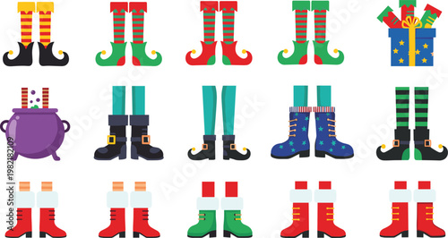 Christmas Elf Shoes and Boots Collection with Festive Socks Gift Box Cauldron Cartoon Holiday Costume Footwear Vector Set
