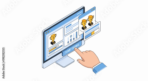 Isometric E-learning Platform Dashboard with Hand Clicking Start Course Button, Online Education, Digital Training and Gamified Learning Concept Illustration