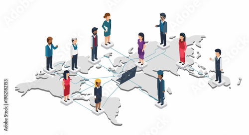 Isometric Global Business Network Concept with Diverse Professionals Connected on World Map
