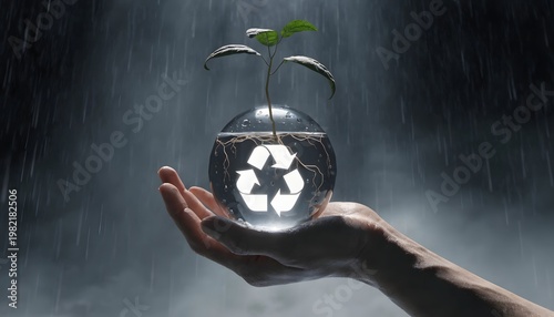 A human hand holding a glass sphere with a recycling symbol and a small green plant growing out