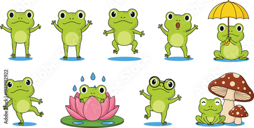 Cute Frog Cartoon Character Set with Funny Poses Lily Pad Umbrella Mushroom Nature Elements for Kids Illustration and Animal Design