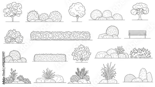 Landscape Elevation CAD Elements with Shrubs, Bushes and Benches for Architectural Garden and Park Design