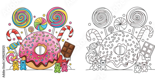 Sweet candy and pink donut illustration set with lollipops, chocolate, gummy bears and line art coloring page for kids