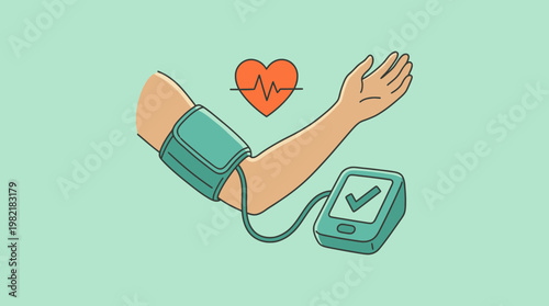 Illustration of a human arm with digital blood pressure monitor cuff and heart pulse icon on green background, concept for employee wellness, health insurance and professional medical exam