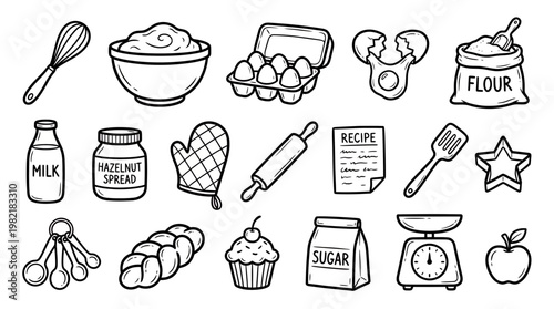 Set of hand drawn baking ingredient icons such as flour whisk eggs and kitchen tools on white background, concept for culinary recipe blog, bakery branding and homemade food menu design