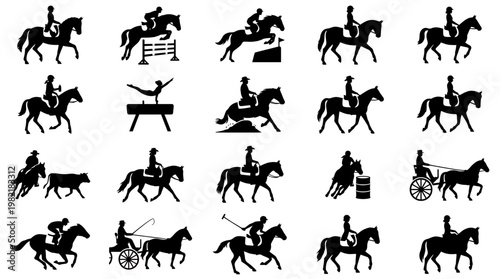 Black silhouettes set of equestrian riders as professional executives including jumping dressage polo and carriage driving, concept for corporate leadership, competition and career success