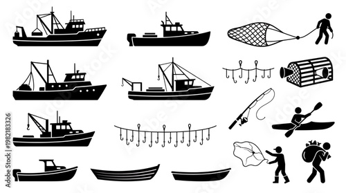 Commercial fishing boat silhouettes and professional fishery industry worker icons on white background, concept for seafood export business, maritime logistics and marine marketing