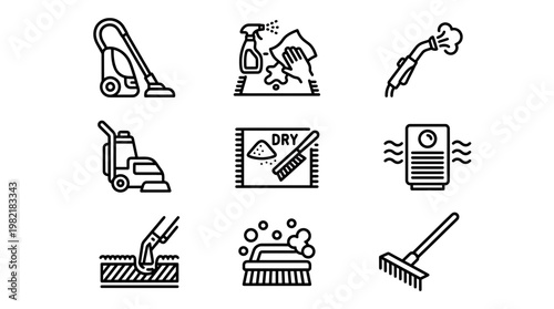 Collection of professional carpet cleaning and floor care line icons set isolated on white background, concept for maintenance service, sanitation business and professional upholstery hygiene