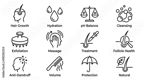 Hair care line icon set featuring scalp treatment, hydration, ph balance, dandruff control and follicle health symbols, concept for cosmetic product branding, salon menu and dermatology clinic UI