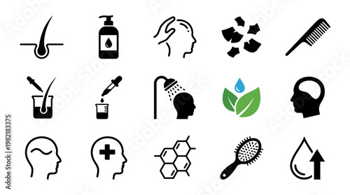 Hair care and scalp treatment icon set with follicle, shampoo, comb, brush and laboratory testing equipment, concept for dermatology clinic, hair transplant and cosmetic product design