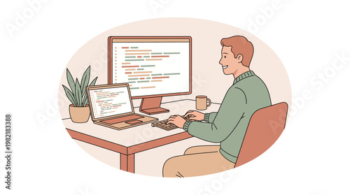 Professional web developer sitting at office desk coding on laptop and desktop monitor with plant and coffee mug, concept for software engineering, digital workspace and programming service