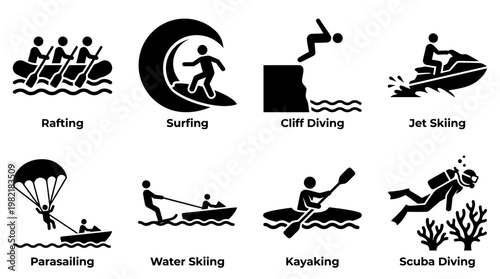 Collection of black stick figure icons representing various extreme water sports activities on white background, concept for adventure tourism, outdoor recreation and extreme sports design