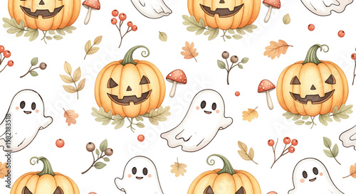 Pumpkins and ghosts decorative pattern displays hand-drawn jack-o-lanterns with autumn leaves and small berries.
