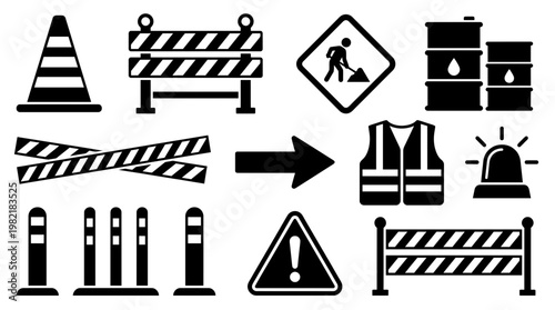 Set of black icons showing road construction equipment and traffic safety signs for a site supervisor, concept for industrial site management, highway maintenance and urban traffic safety