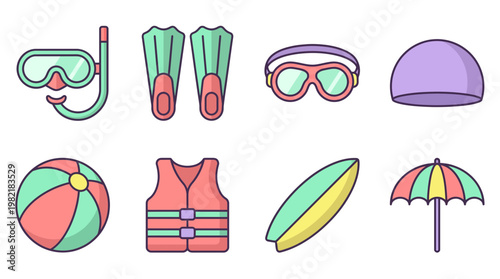 Colorful flat vector icon set of summer beach and water sports equipment including snorkeling gear, fins, life vest and surfboard, concept for vacation ads, travel insurance and maritime safety