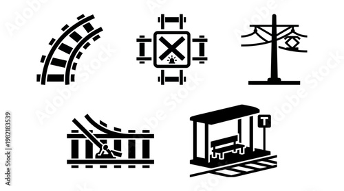 Black railway infrastructure icons featuring train tracks, crossing signal, electric power lines and station platform, concept for transportation design, urban planning and logistics management
