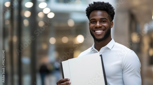 Smiling young Black professional, half-body shot, holding documents in a modern office with bokeh. Confident future in business. corporate, ambition