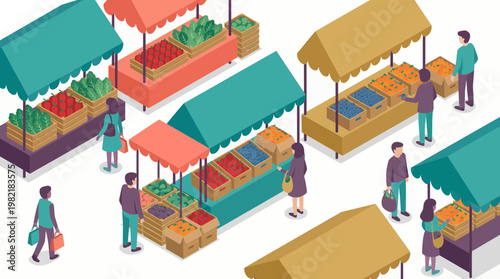 Isometric illustration of logistics managers and retail owners buying fresh organic produce at local market stalls, concept for retail marketing, food supply chain and agricultural economy