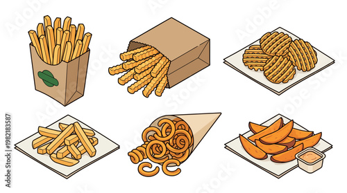 Isometric illustration of various potato fries including curly waffle crinkle and wedges in paper packaging on white background, concept for food menu, restaurant ad and snack branding