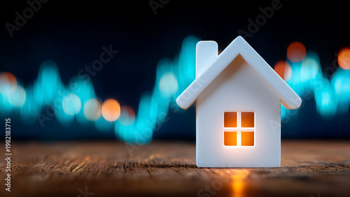 A miniature house. Behind it, a blurry blue graphic.