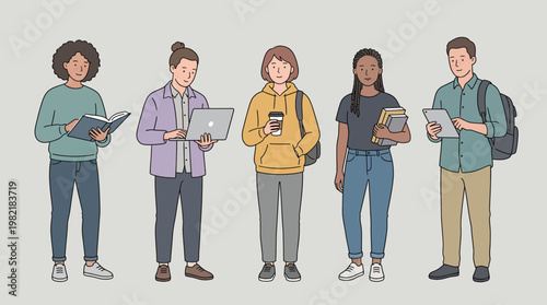 Diverse group of office workers including junior manager and designer holding laptop, books and tablet, concept for career growth, business collaboration and modern team synergy