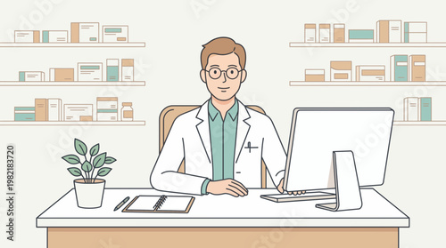 Professional male pharmacist wearing white coat sitting at desk with computer and medicine shelves background, concept for pharmaceutical service, healthcare consulting and medical advice