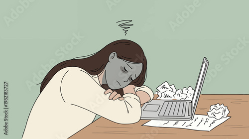 Tired female project manager leaning head on desk with laptop and crumpled papers in office setting, concept for professional burnout, mental exhaustion and workplace stress management