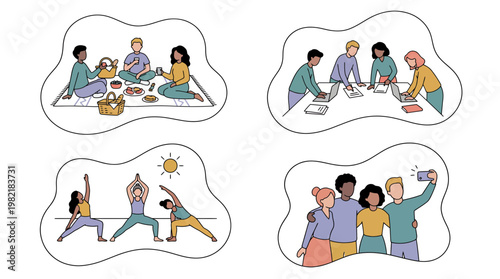 Diverse group of project managers and friends performing picnic, corporate office meeting, yoga workout and selfie photo, concept for lifestyle branding, wellness and advertising campaigns