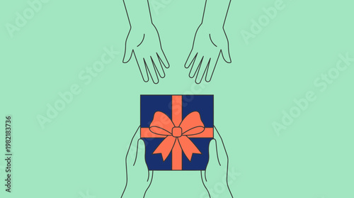 Minimalist line art of a manager's hands giving a gift box with a ribbon to an employee, concept for professional recognition, corporate bonus and employee appreciation