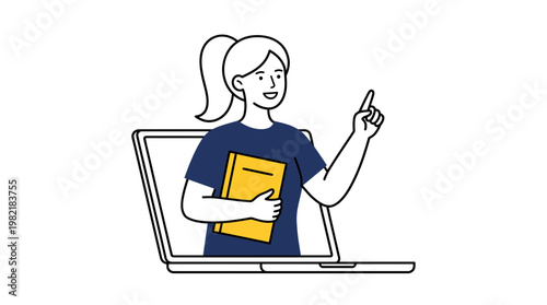 Female online tutor holding textbook and pointing up while appearing from laptop screen, concept for online education, digital learning platform and distance academic teaching