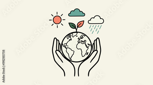 Simple line art illustration of human hands holding earth globe with growing plant sprout and weather icons, concept for environmental protection, sustainability and ecological awareness