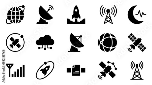 Black satellite communication and space tech icon set featuring global network rocket antenna and cloud symbols, concept for data networking, telecommunication and digital broadcast