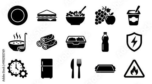 Black silhouette icons set of food items, kitchenware, nutrition symbols and meal preparation elements isolated on white background, concept for healthy lifestyle, catering menu and branding