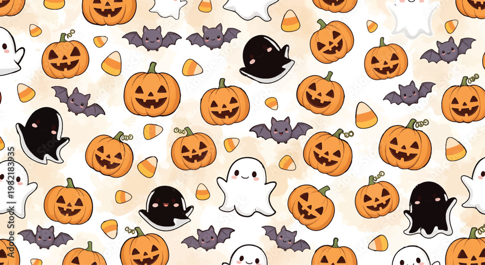 Fototapeta premium Pumpkins and ghosts pattern features a repeating motif of smiling jack-o-lanterns and cute specters on a light background.