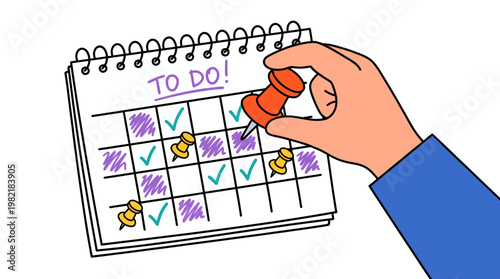Hand of project manager pinning orange push pin on to do list notebook with check marks and calendar grid on white background, concept for task management, project planning and organization