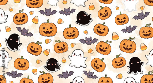 Pumpkins and ghosts pattern features a repeating motif of smiling jack-o-lanterns and cute specters on a light background.