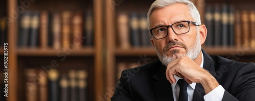 Thoughtful mature man in glasses, grey beard and suit, hand on chin, contemplating in a blurred library, embodying wisdom and professional decision-making. Lawyer, Executive