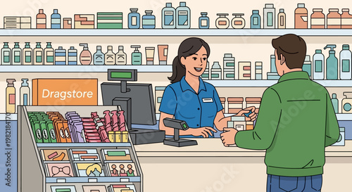 A smiling pharmacy worker hands a prescription to a customer at a drugstore counter.