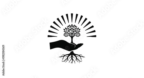 Hand cradles a growing tree with radiant sunbeams to symbolize environmental protection and care.