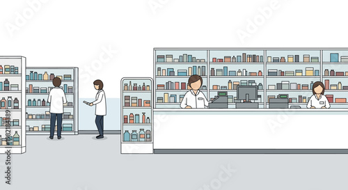 People interact in a pharmacy with shelves and a counter