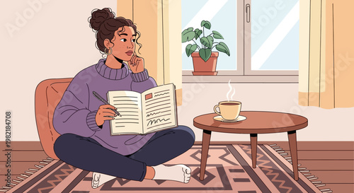 Woman sitting on couch reading book and thinking in living room