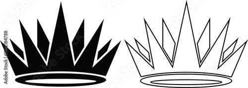 Crown icon set collection group, king, queen, royal, tiara, diadem, monarchy symbols, regal headwear shapes in flat and line style black vector illustration isolated design pack