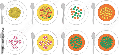 Colorful Candy and Sweet Dessert Plates Set with Different Confectionery Toppings Cartoon Food Illustration Collection for Kids Party and Menu Design