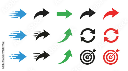 Set of directional arrows, targets, and curved cycle icons for UI design