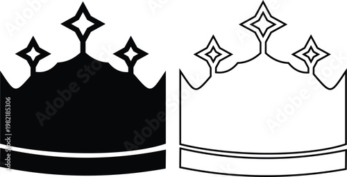 Crown icon set collection group, king, queen, royal, tiara, diadem, monarchy symbols, regal headwear shapes in flat and line style black vector illustration isolated design pack