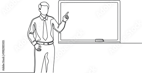 Minimalist continuous one line drawing of a male teacher or businessman pointing at a blank whiteboard for presentation education university lecture and corporate training seminar.