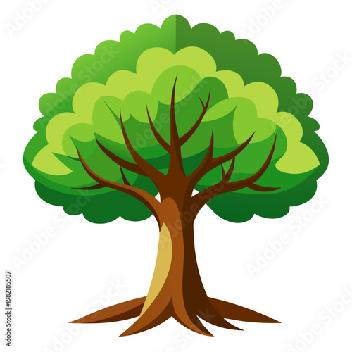 Green tree with brown trunk and roots in flat design style with bright lighting for nature illustration